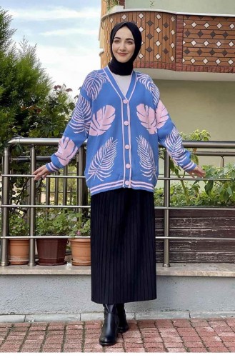 10325Klc Yaprak Desenli Triko Hırka Pudra