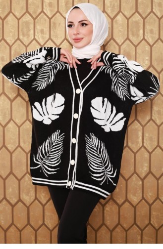 10325Klc Leaf Patterned Knitwear Cardigan Black 7943