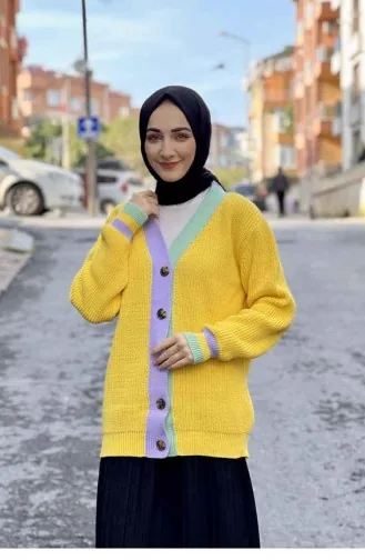 10324Klc Strickjacke Mit Kragen Und Detailliertem Strickmuster Gelb 7950