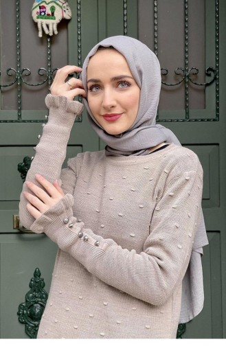 4028Klc Ruffle Detailed Knitwear Tunic Beige 7994