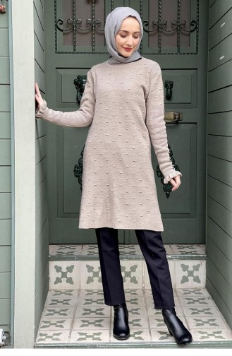 4028Klc Ruffle Detailed Knitwear Tunic Beige 7994
