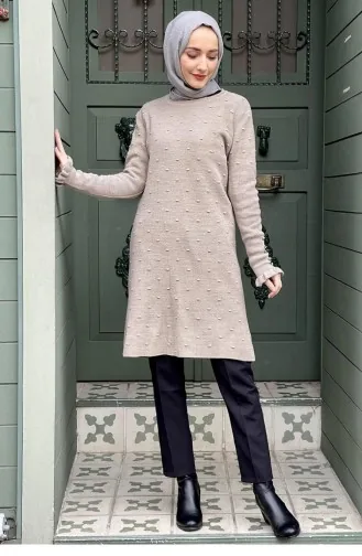 4028Klc Kolları Fırfır Detaylı Triko Tunik Bej