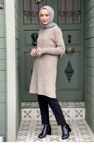 4028Klc Ruffle Detailed Knitwear Tunic Beige 7994