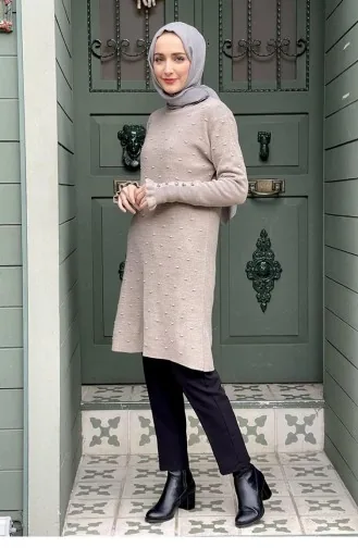 4028Klc Kolları Fırfır Detaylı Triko Tunik Bej