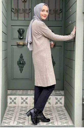 4028Klc Kolları Fırfır Detaylı Triko Tunik Bej