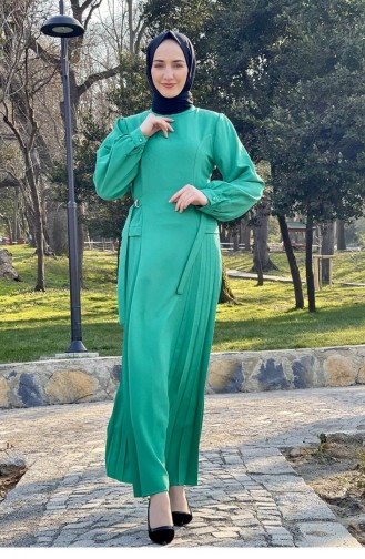 2298Nry Yanları Piliseli Elbise Yeşil