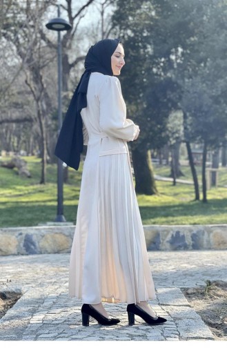 2298Nry Yanları Piliseli Elbise Bej