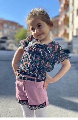 11601Sk Costume Trois Pièces En Mousseline De Soie Pour Fille Rose 8359