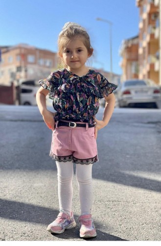 11601Sk Costume Trois Pièces En Mousseline De Soie Pour Fille Rose 8359