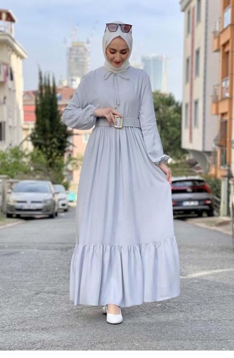 0220Sgs Gürtel Detailliertes Hijab-Kleid Grau 8398
