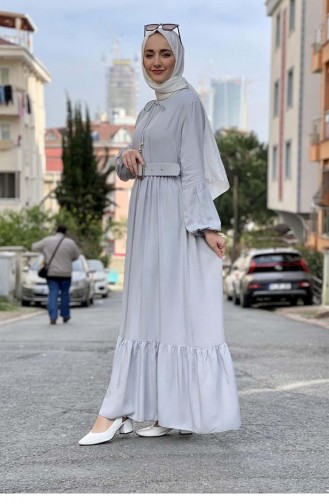 0220Sgs Gürtel Detailliertes Hijab-Kleid Grau 8398