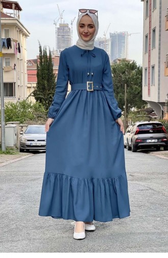 0220Sgs Gürtel Detailliertes Hijab-Kleid Petrol 8404