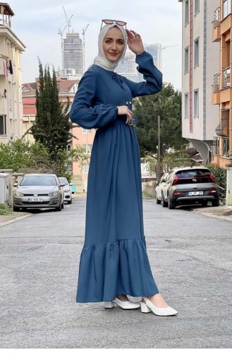 0220Sgs Robe Hijab Détaillée Avec Ceinture Pétrole 8404