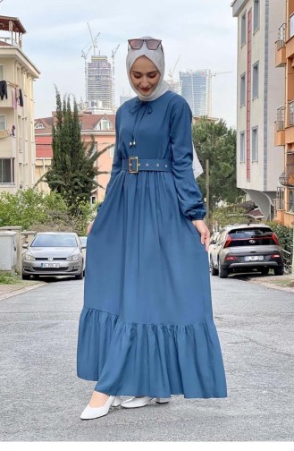 0220Sgs Gürtel Detailliertes Hijab-Kleid Petrol 8404