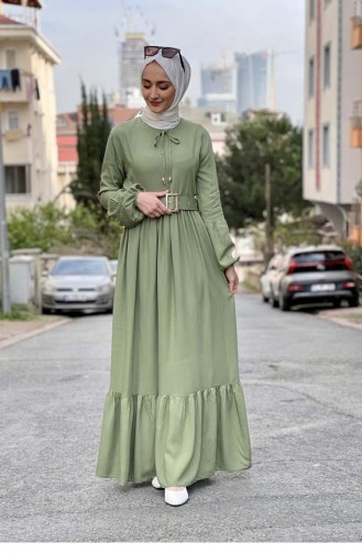 0220Sgs فستان حجاب بتفاصيل حزام أخضر 8405
