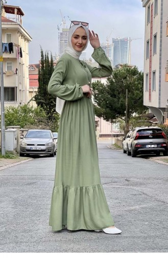 0220Sgs فستان حجاب بتفاصيل حزام أخضر 8405