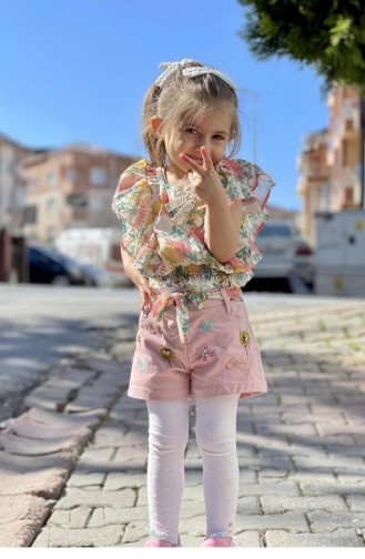 11586Sk Girl`s Chiffon Suit With Shorts Powder 8412