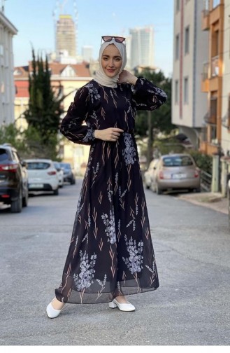 2308Nry Beli Lastikli Şifon Elbise Siyah