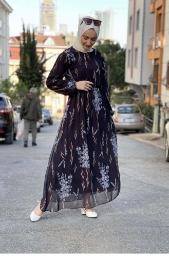 2308Nry Beli Lastikli Şifon Elbise Siyah