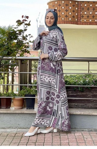0262Sgs Une Robe Plissée À Motifs Prune 8470