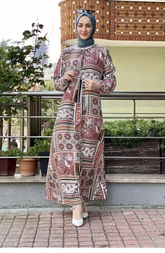 0262Sgs A Pileli Desenli Elbise Taba
