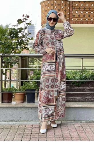 0262Sgs A Pileli Desenli Elbise Taba