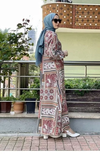 0262Sgs A Pileli Desenli Elbise Taba