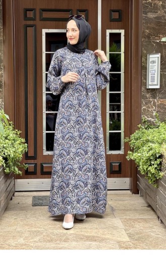 0273Sgs Patterned Viscose Dress Navy Blue 8495