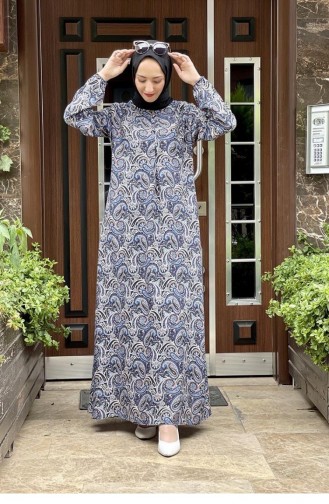 0273Sgs Patterned Viscose Dress Navy Blue 8495