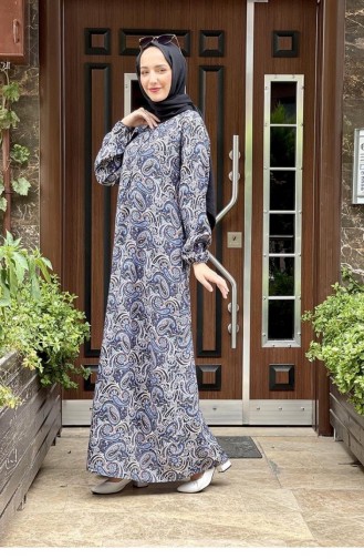 0273Sgs Patterned Viscose Dress Navy Blue 8495