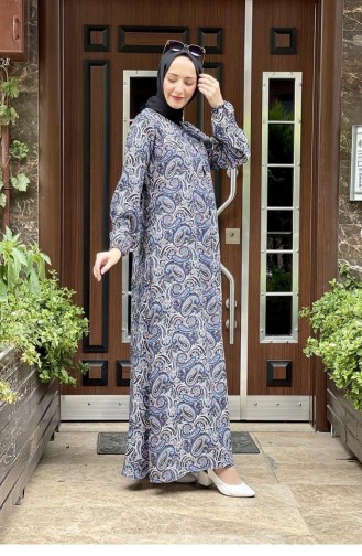 0273Sgs Patterned Viscose Dress Navy Blue 8495