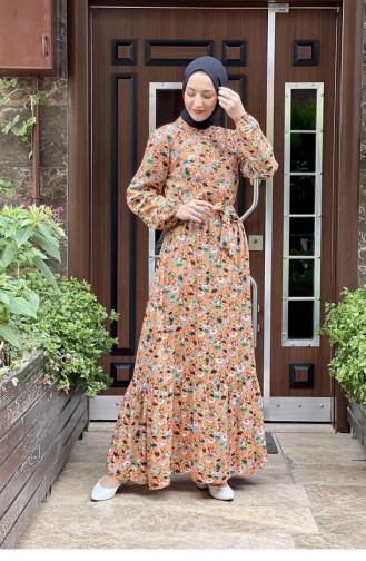 Floral Patterned Viscose Dress 0277-03 Orange 0277-03