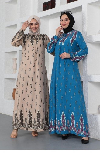 0286Sgs Robe Hijab à Motifs Ethnique Beige 8647