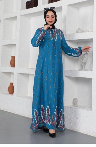 0286Sgs Ethnic Patterned Hijab Dress Indigo 8652