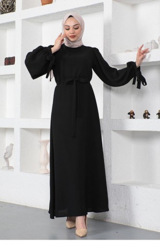 0048Mp فستان حجاب بأكمام مربوطة أسود 8716