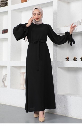 0048Mp Hijab Dress With Tied Sleeves Black 8716