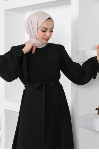 0048Mp Hijab Dress With Tied Sleeves Black 8716