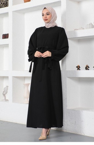 0048Mp Hijab-Kleid Mit Gebundenen Ärmeln Schwarz 8716