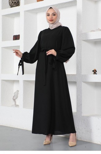 0048Mp Hijab Dress With Tied Sleeves Black 8716