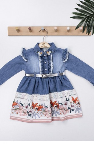 11672Sk Robe En Jean Fleurie Fille Saumon 8963