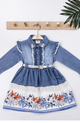 11672Sk Girl`s Floral Denim Dress Blue 8964