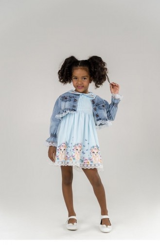 11689Sk Robe Imprimée Chat Fille Bleu 8981