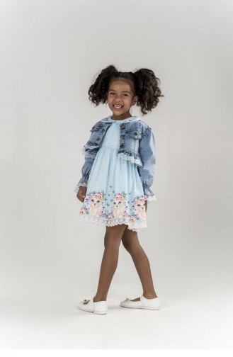 11689Sk Robe Imprimée Chat Fille Bleu 8981