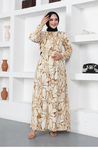 0291Sgs Marble Patterned Hijab Dress Beige 8997