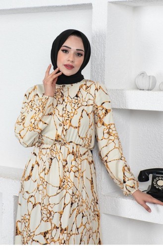 0291Sgs Marble Patterned Hijab Dress Beige 8997