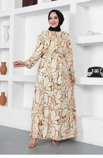 0291Sgs Marble Patterned Hijab Dress Beige 8997