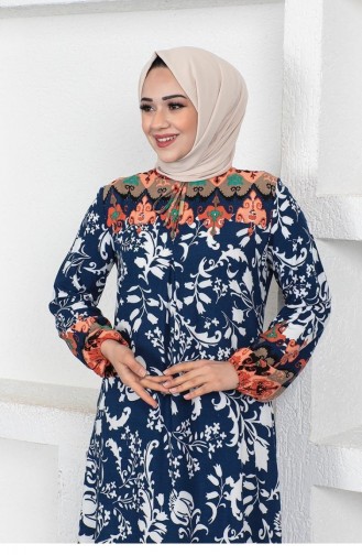 0290Sgs A Pleated Model Hijab Dress Navy Blue 9041