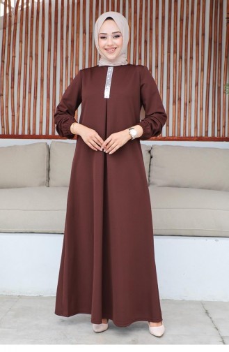 2060Mg فستان حجاب مطرز بالترتر بني 9297