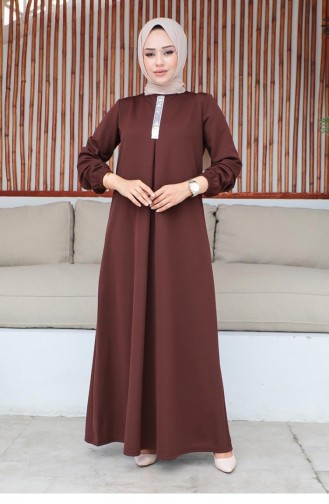 2060Mg فستان حجاب مطرز بالترتر بني 9297