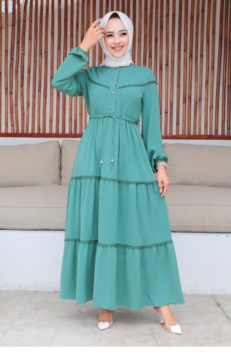 10068Sgs فستان حجاب مطرز ومفصل باللون الأخضر 9304